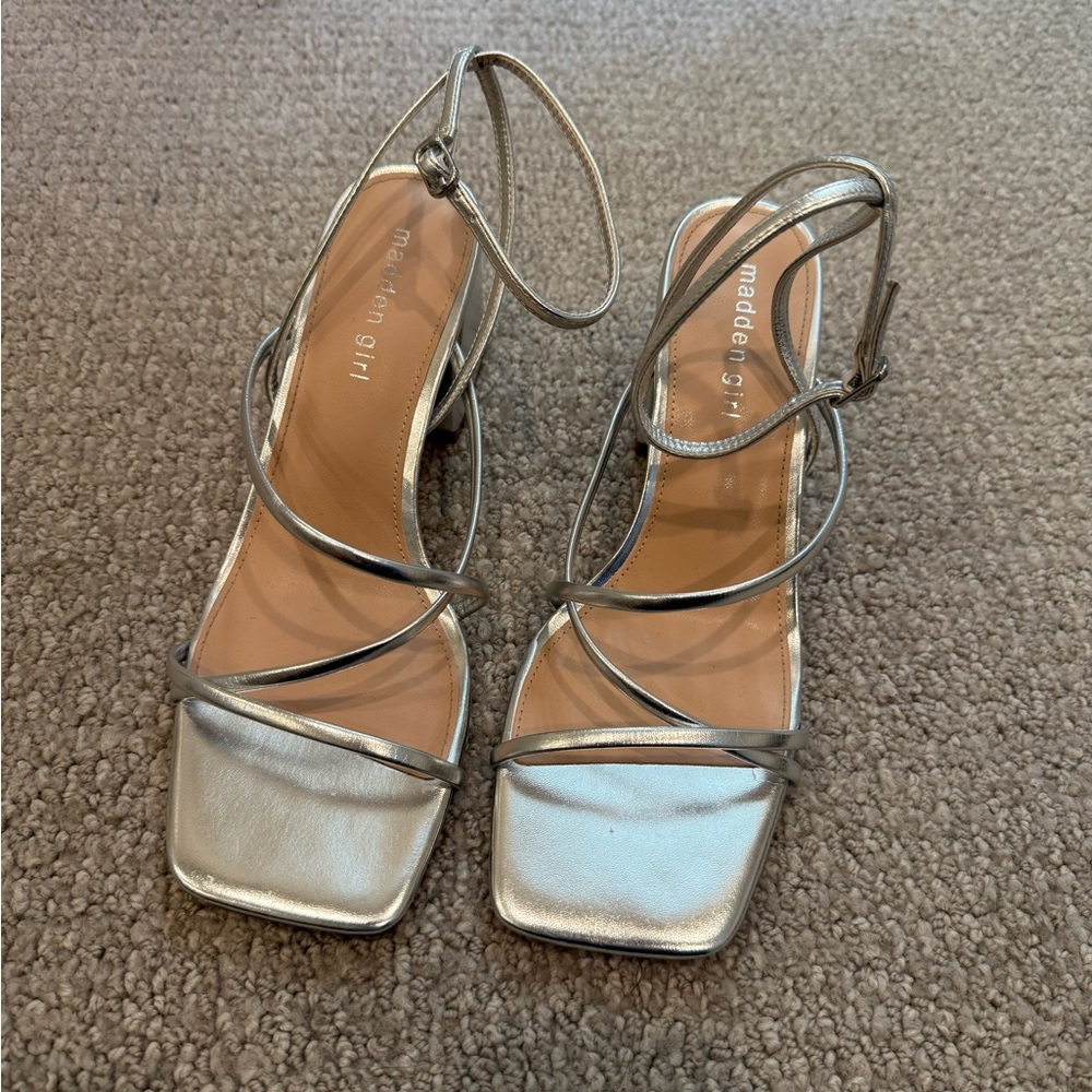 Madden Girl Silver Heels with Strappy Design